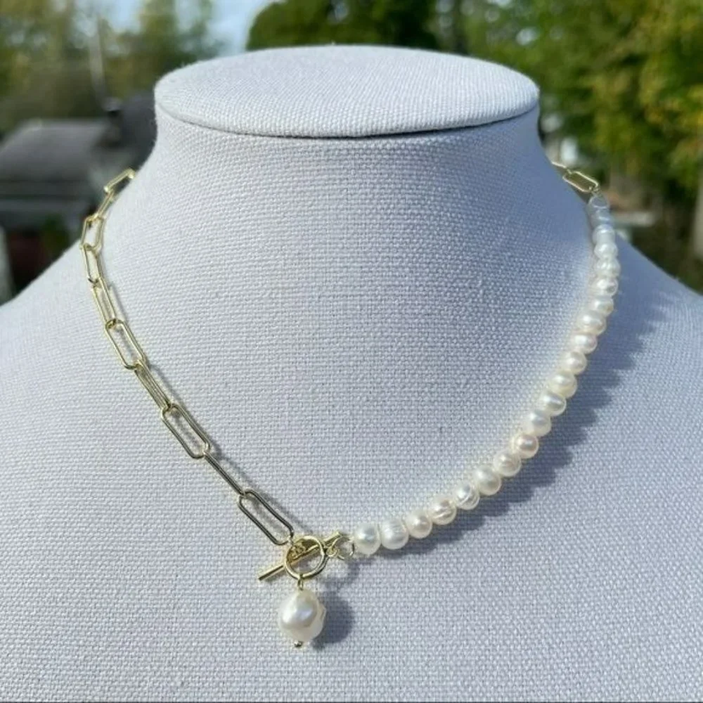 Gold Plated Cultured Baroque Freshwater Pearl‎ Pendant Necklace Toggle Clasp - Picture 3 of 9